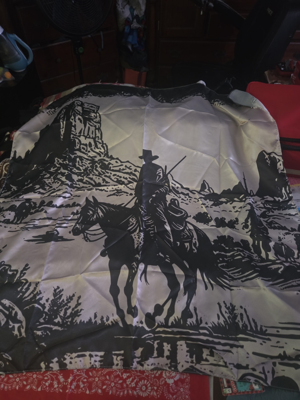 Western Cowboy Scenic Silk Scarf in Black & White